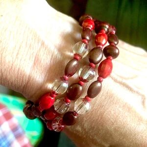 VTG Y2K Bronze Dark Red Clear Boho Gypsy Beaded Memory Wire Bangle Bracelet